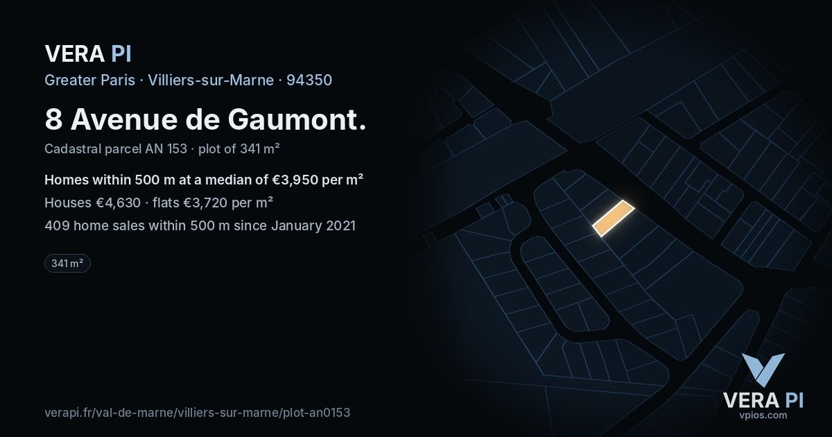 8 Avenue de Gaumont, Villiers-sur-Marne at night – the plot lit, the parcels around coloured by the prices near them