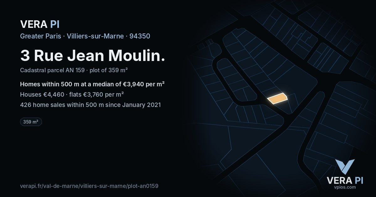 3 Rue Jean Moulin, Villiers-sur-Marne at night – the plot lit, the parcels around coloured by the prices near them