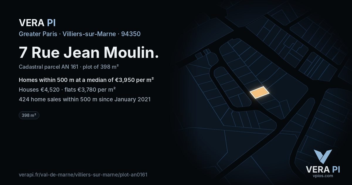 7 Rue Jean Moulin, Villiers-sur-Marne at night – the plot lit, the parcels around coloured by the prices near them