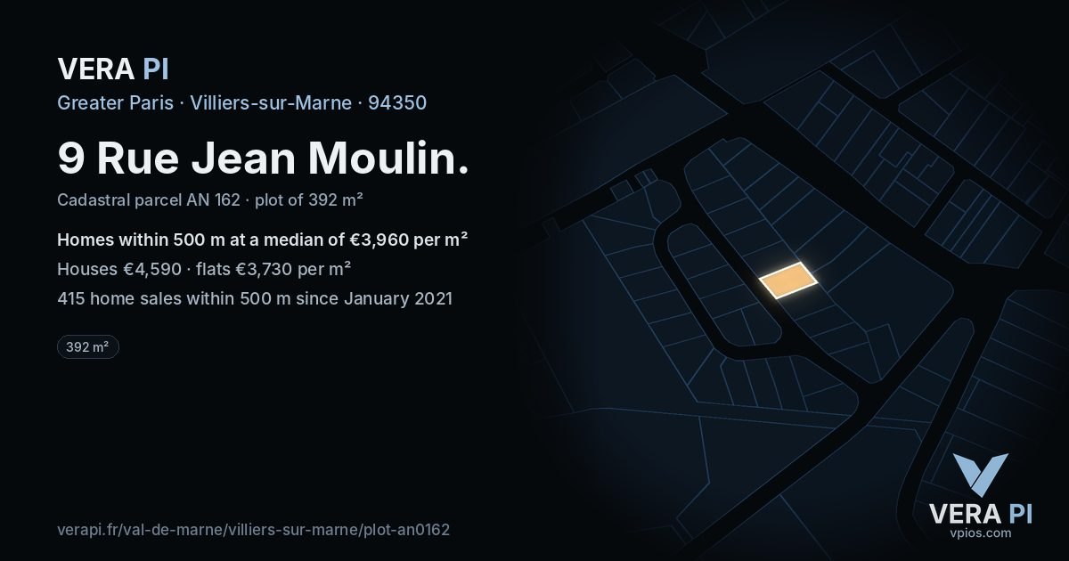 9 Rue Jean Moulin, Villiers-sur-Marne at night – the plot lit, the parcels around coloured by the prices near them
