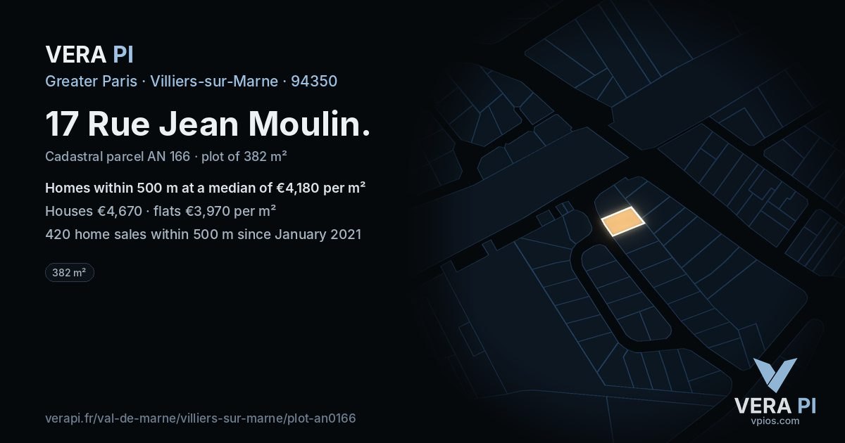 17 Rue Jean Moulin, Villiers-sur-Marne at night – the plot lit, the parcels around coloured by the prices near them
