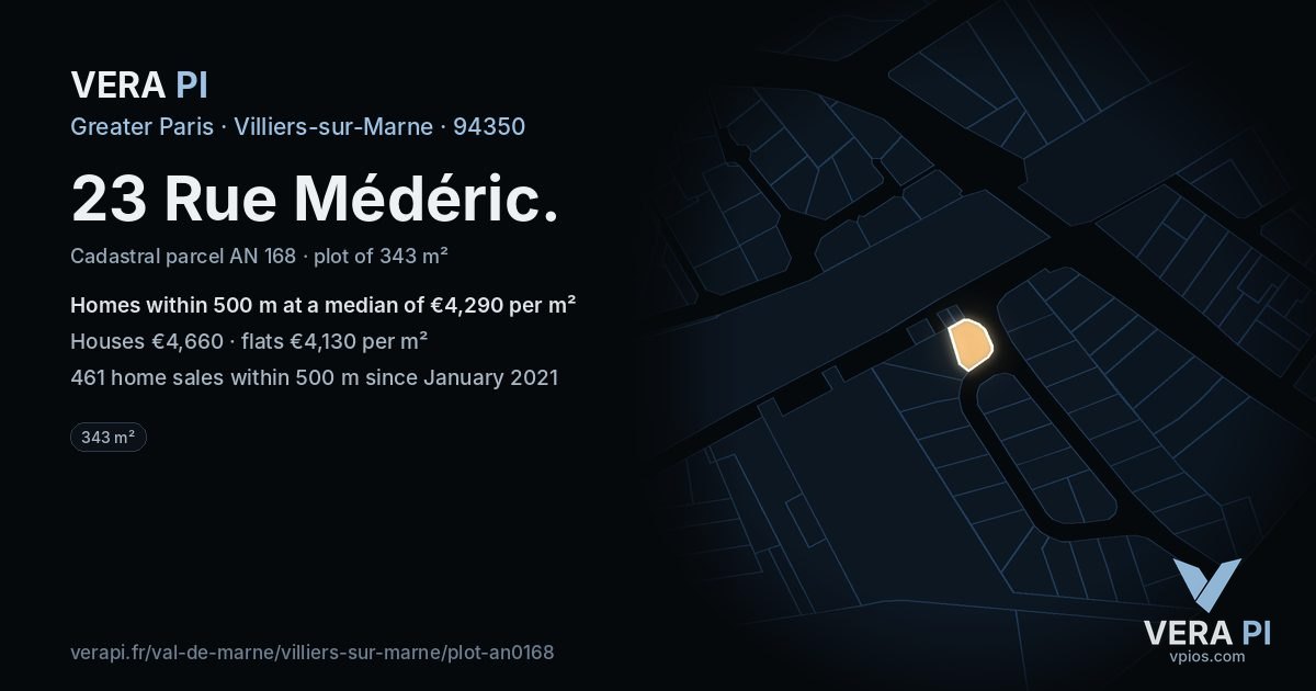23 Rue Médéric, Villiers-sur-Marne at night – the plot lit, the parcels around coloured by the prices near them