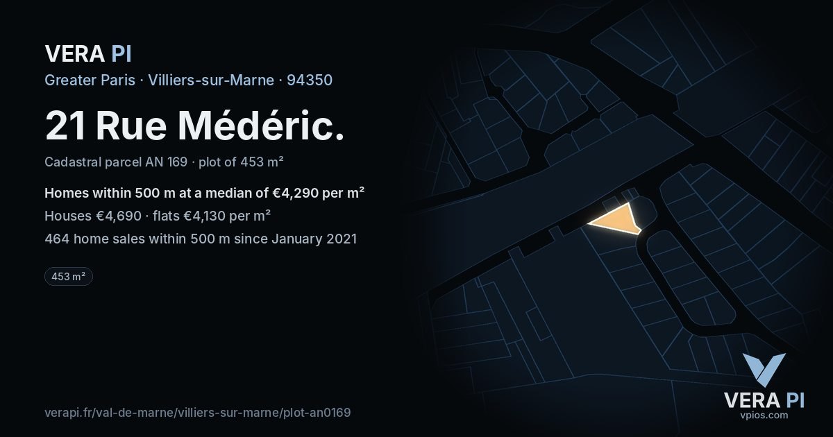 21 Rue Médéric, Villiers-sur-Marne at night – the plot lit, the parcels around coloured by the prices near them
