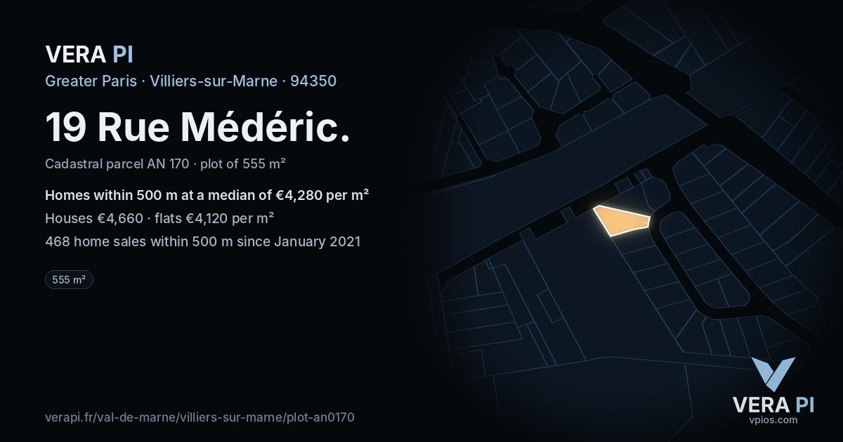 19 Rue Médéric, Villiers-sur-Marne at night – the plot lit, the parcels around coloured by the prices near them