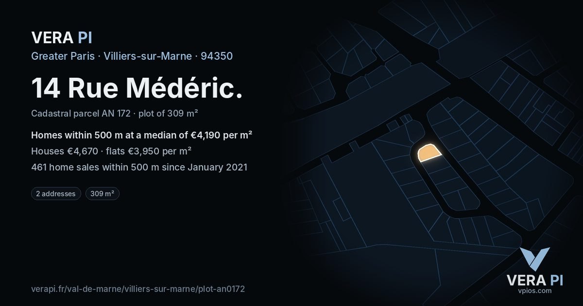 14 Rue Médéric, Villiers-sur-Marne at night – the plot lit, the parcels around coloured by the prices near them