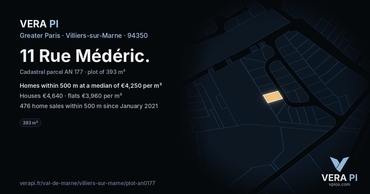 11 Rue Médéric, Villiers-sur-Marne at night – the plot lit, the parcels around coloured by the prices near them