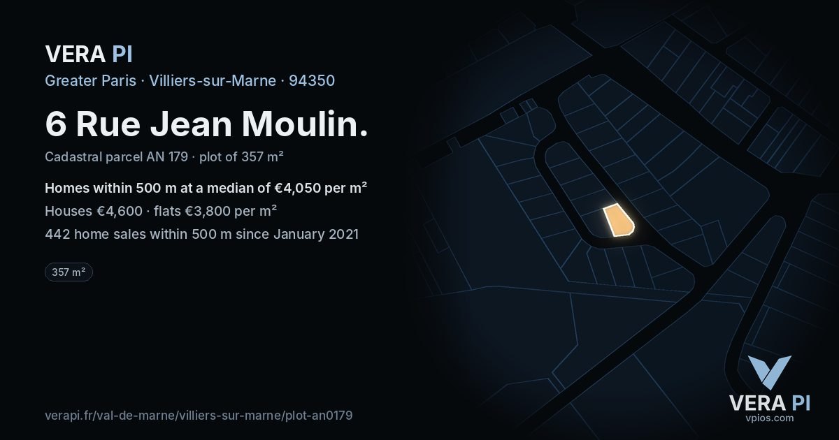 6 Rue Jean Moulin, Villiers-sur-Marne at night – the plot lit, the parcels around coloured by the prices near them