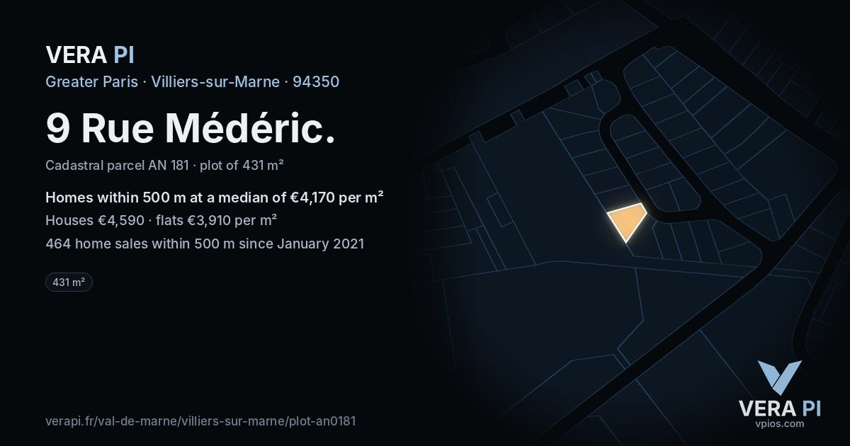 9 Rue Médéric, Villiers-sur-Marne at night – the plot lit, the parcels around coloured by the prices near them