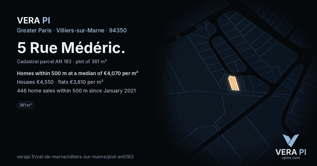 5 Rue Médéric, Villiers-sur-Marne at night – the plot lit, the parcels around coloured by the prices near them