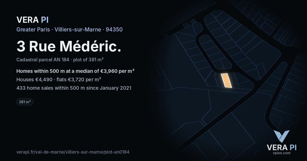 3 Rue Médéric, Villiers-sur-Marne at night – the plot lit, the parcels around coloured by the prices near them