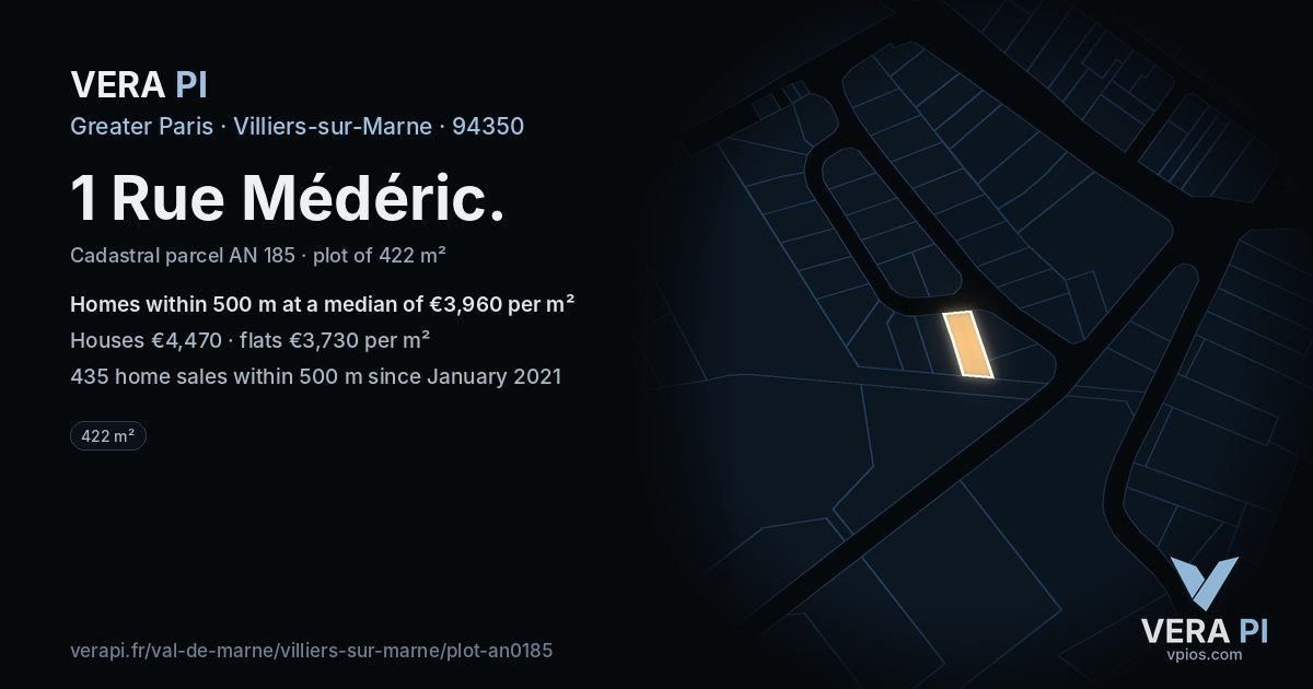 1 Rue Médéric, Villiers-sur-Marne at night – the plot lit, the parcels around coloured by the prices near them