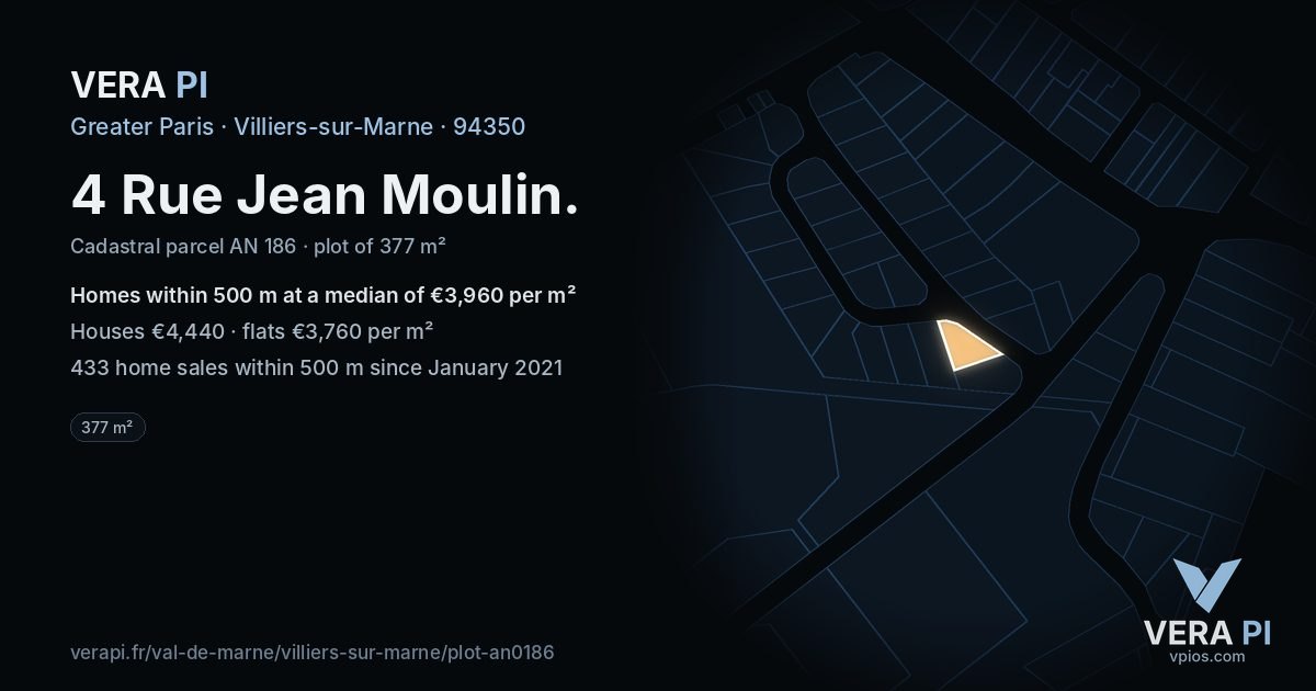 4 Rue Jean Moulin, Villiers-sur-Marne at night – the plot lit, the parcels around coloured by the prices near them