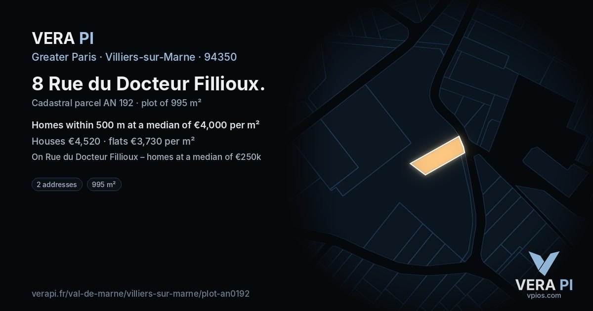 8 Rue du Docteur Fillioux, Villiers-sur-Marne at night – the plot lit, the parcels around coloured by the prices near them