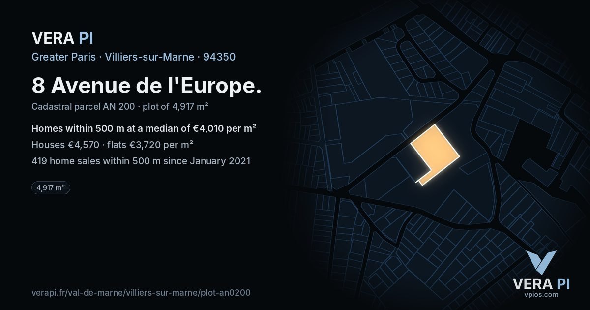 8 Avenue de l'Europe, Villiers-sur-Marne at night – the plot lit, the parcels around coloured by the prices near them