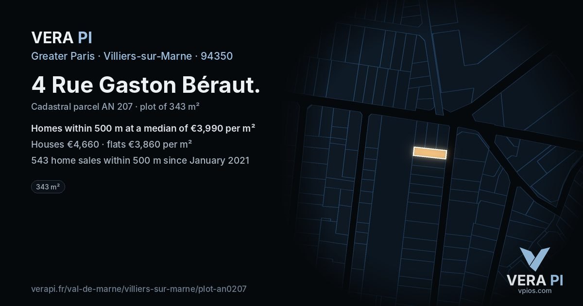 4 Rue Gaston Béraut, Villiers-sur-Marne at night – the plot lit, the parcels around coloured by the prices near them