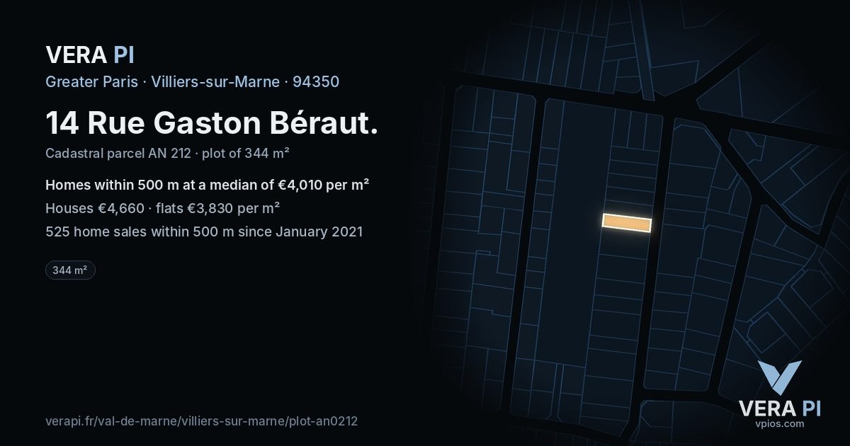 14 Rue Gaston Béraut, Villiers-sur-Marne at night – the plot lit, the parcels around coloured by the prices near them