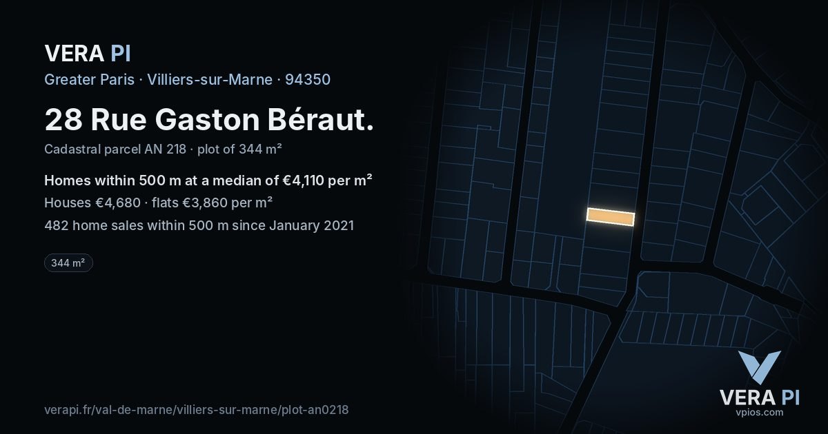 28 Rue Gaston Béraut, Villiers-sur-Marne at night – the plot lit, the parcels around coloured by the prices near them