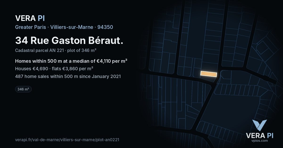 34 Rue Gaston Béraut, Villiers-sur-Marne at night – the plot lit, the parcels around coloured by the prices near them