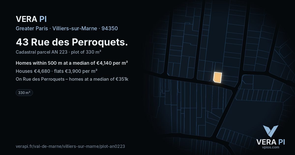 43 Rue des Perroquets, Villiers-sur-Marne at night – the plot lit, the parcels around coloured by the prices near them