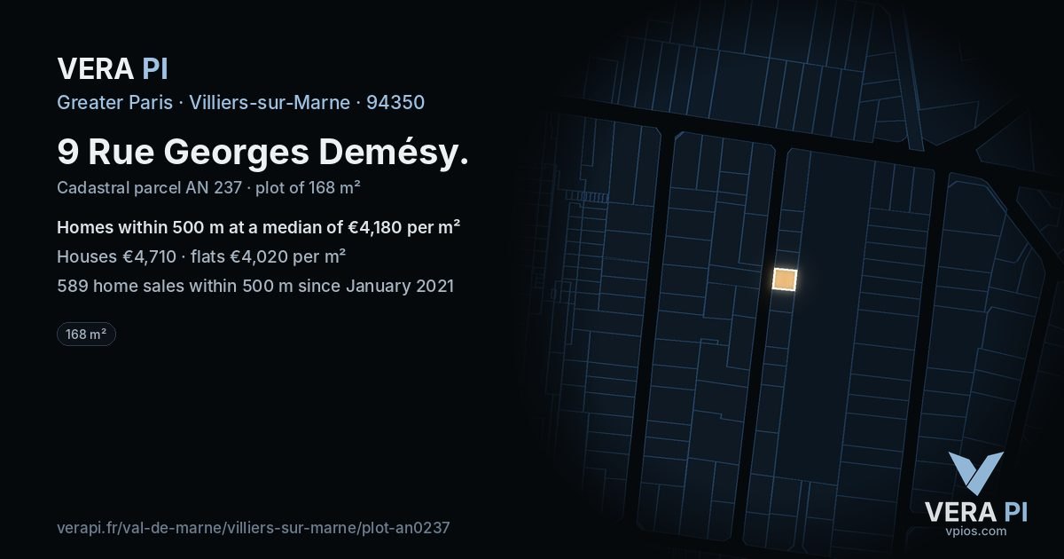 9 Rue Georges Demésy, Villiers-sur-Marne at night – the plot lit, the parcels around coloured by the prices near them