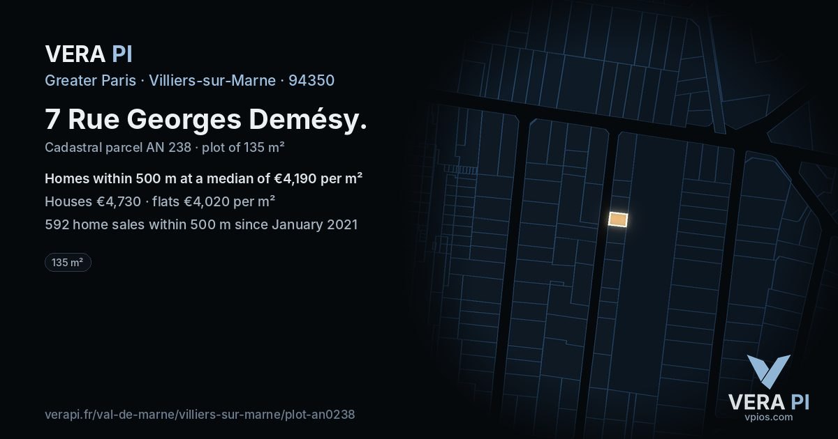 7 Rue Georges Demésy, Villiers-sur-Marne at night – the plot lit, the parcels around coloured by the prices near them