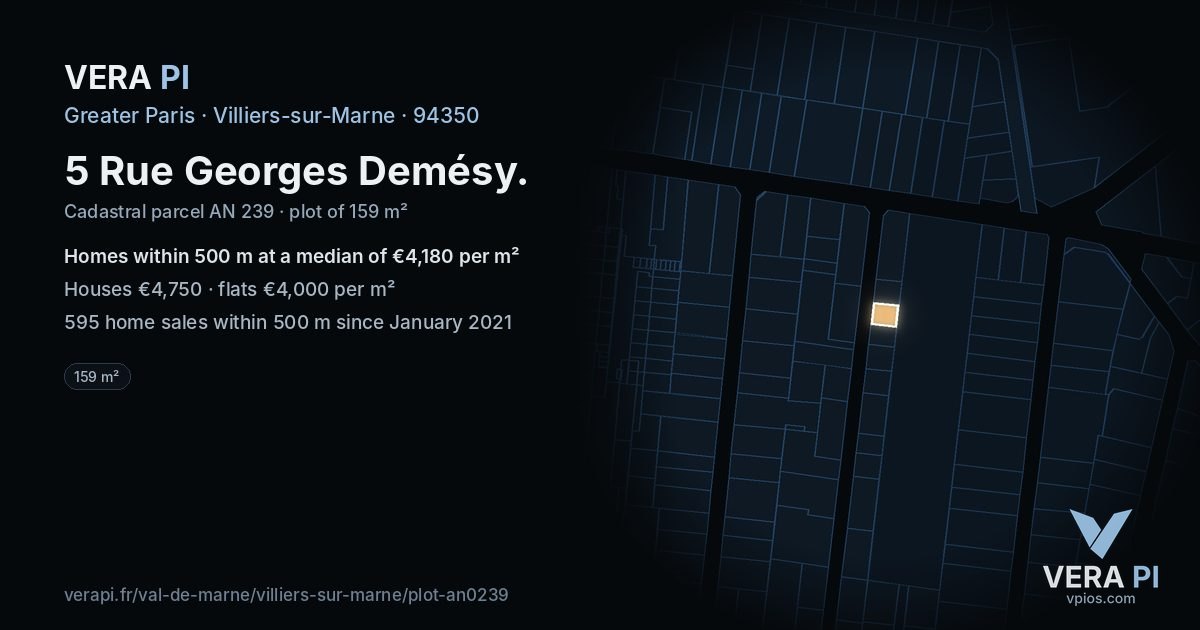 5 Rue Georges Demésy, Villiers-sur-Marne at night – the plot lit, the parcels around coloured by the prices near them