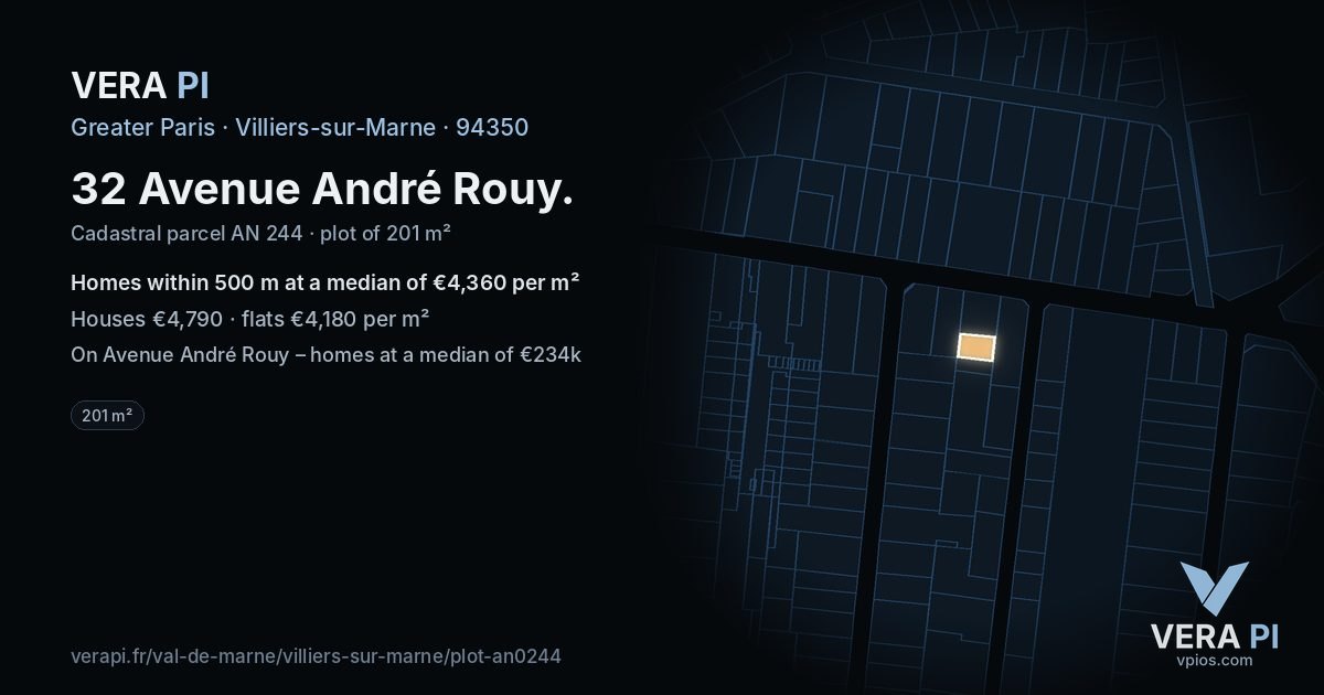 32 Avenue André Rouy, Villiers-sur-Marne at night – the plot lit, the parcels around coloured by the prices near them