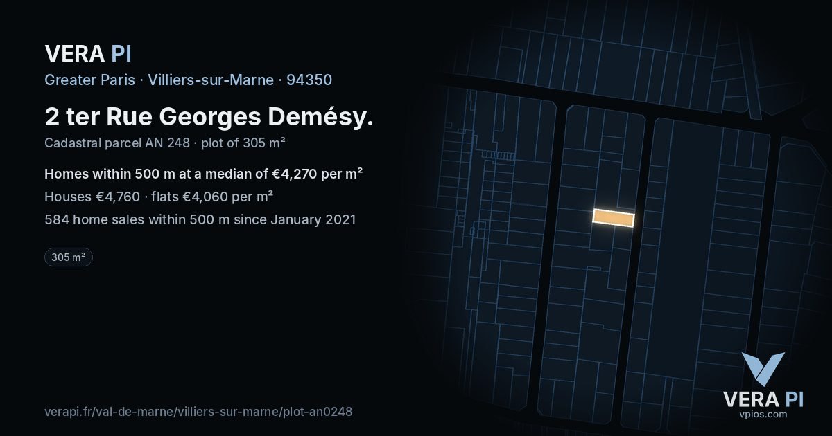 2 ter Rue Georges Demésy, Villiers-sur-Marne at night – the plot lit, the parcels around coloured by the prices near them