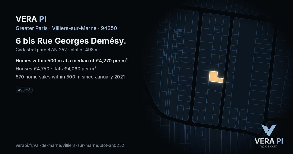 6 bis Rue Georges Demésy, Villiers-sur-Marne at night – the plot lit, the parcels around coloured by the prices near them