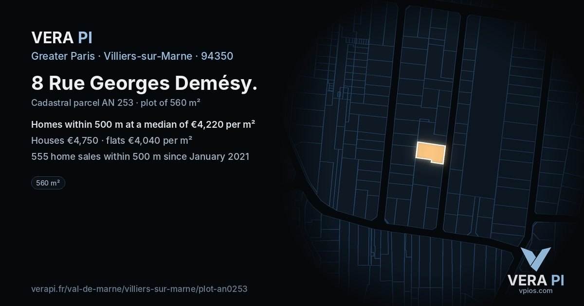 8 Rue Georges Demésy, Villiers-sur-Marne at night – the plot lit, the parcels around coloured by the prices near them