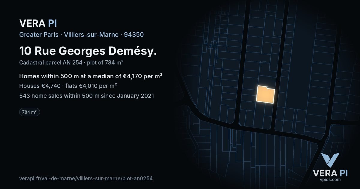 10 Rue Georges Demésy, Villiers-sur-Marne at night – the plot lit, the parcels around coloured by the prices near them
