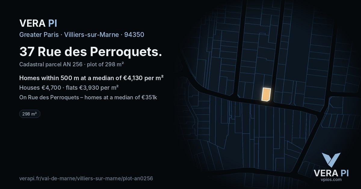 37 Rue des Perroquets, Villiers-sur-Marne at night – the plot lit, the parcels around coloured by the prices near them