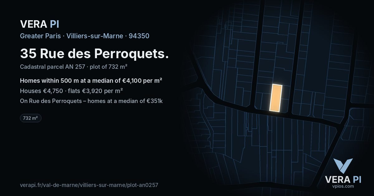 35 Rue des Perroquets, Villiers-sur-Marne at night – the plot lit, the parcels around coloured by the prices near them