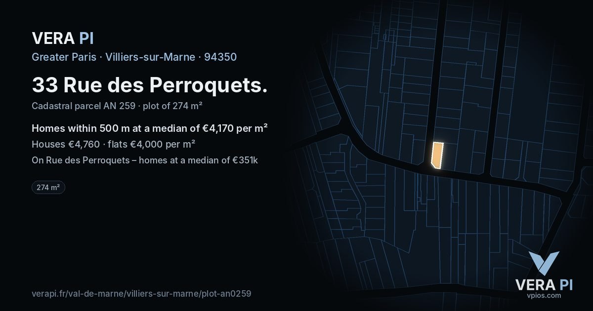 33 Rue des Perroquets, Villiers-sur-Marne at night – the plot lit, the parcels around coloured by the prices near them