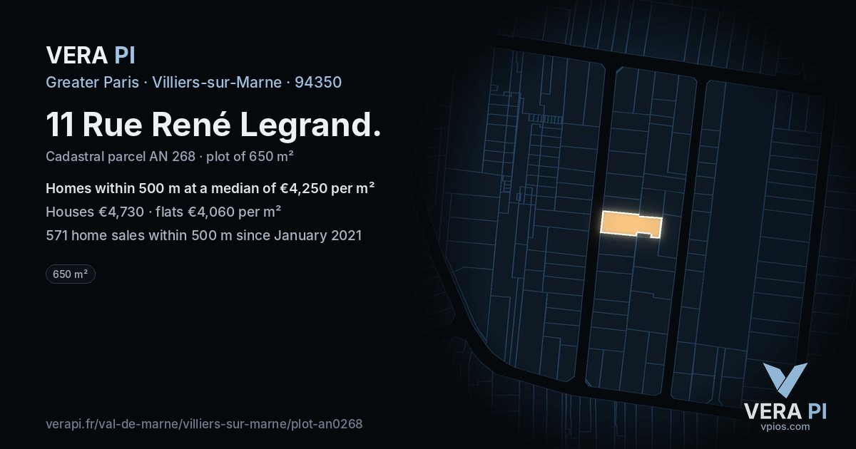 11 Rue René Legrand, Villiers-sur-Marne at night – the plot lit, the parcels around coloured by the prices near them