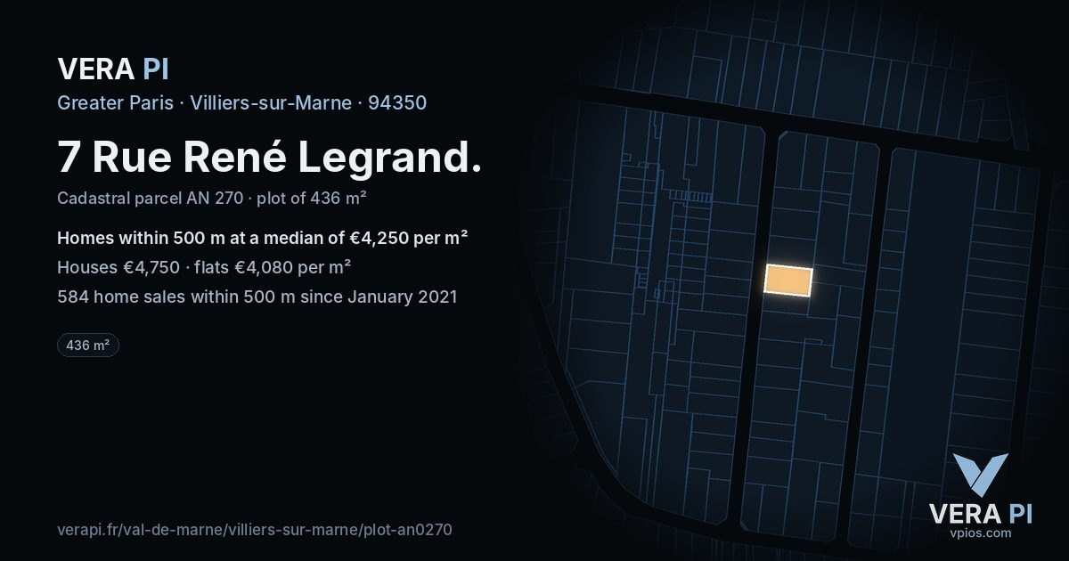 7 Rue René Legrand, Villiers-sur-Marne at night – the plot lit, the parcels around coloured by the prices near them