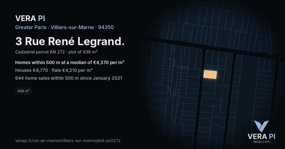 3 Rue René Legrand, Villiers-sur-Marne at night – the plot lit, the parcels around coloured by the prices near them
