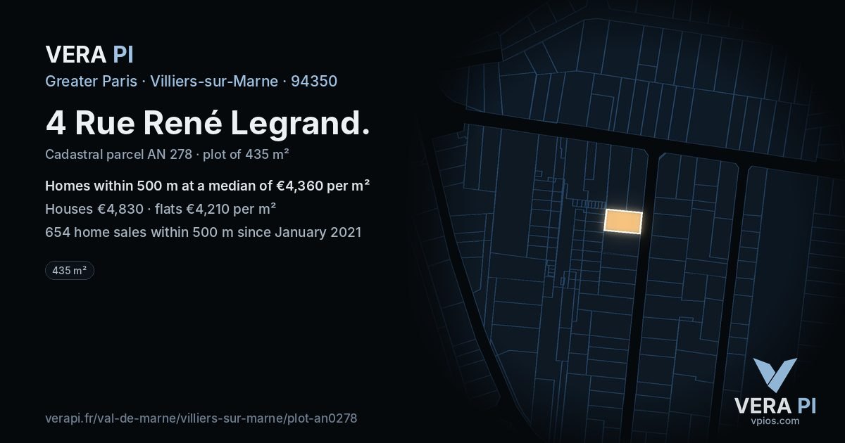 4 Rue René Legrand, Villiers-sur-Marne at night – the plot lit, the parcels around coloured by the prices near them