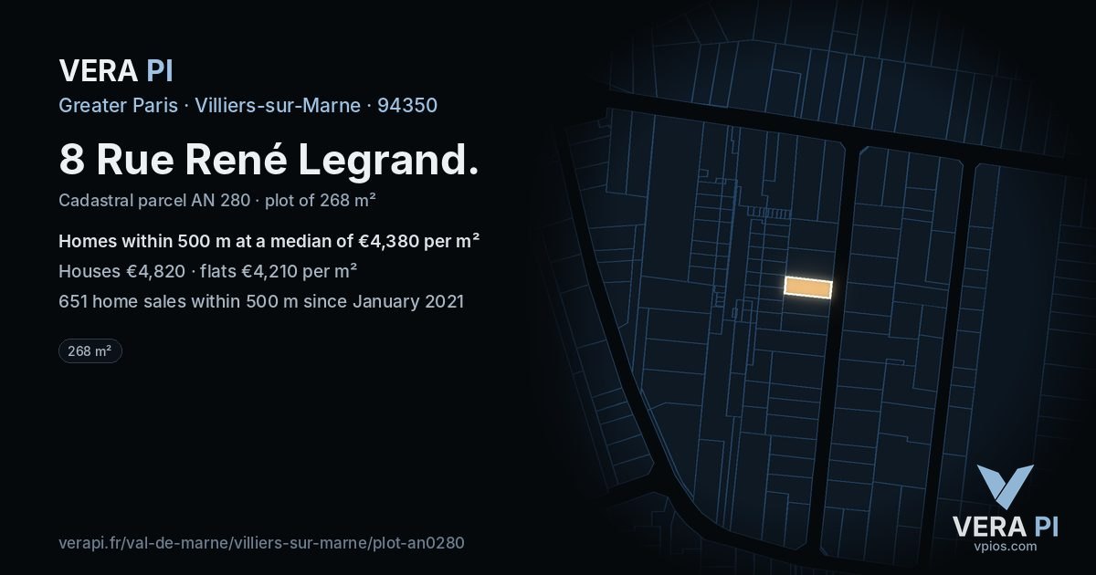 8 Rue René Legrand, Villiers-sur-Marne at night – the plot lit, the parcels around coloured by the prices near them