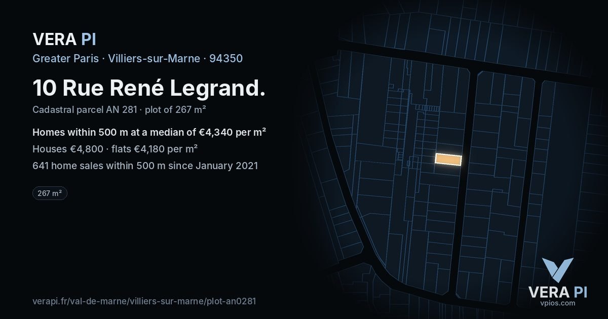 10 Rue René Legrand, Villiers-sur-Marne at night – the plot lit, the parcels around coloured by the prices near them