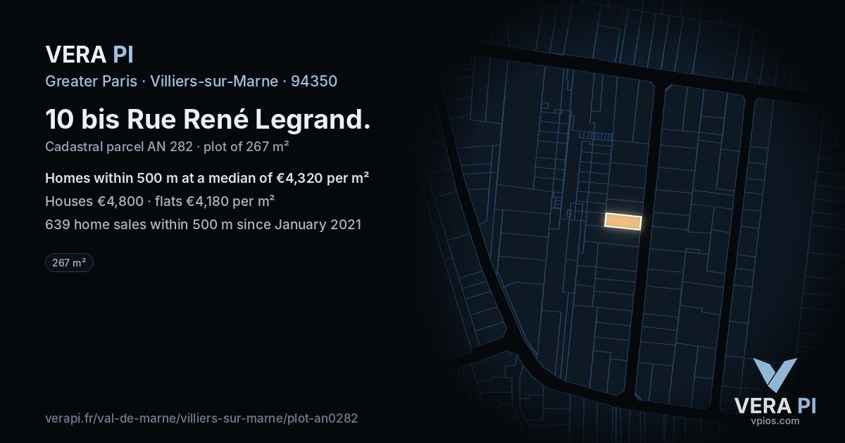10 bis Rue René Legrand, Villiers-sur-Marne at night – the plot lit, the parcels around coloured by the prices near them