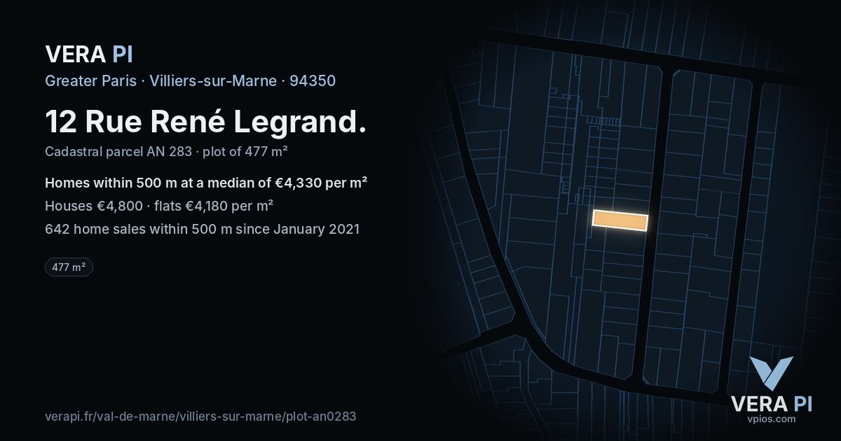 12 Rue René Legrand, Villiers-sur-Marne at night – the plot lit, the parcels around coloured by the prices near them