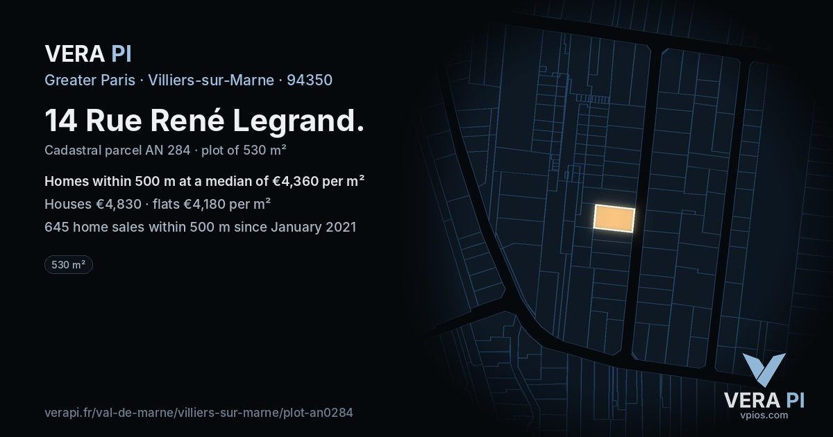 14 Rue René Legrand, Villiers-sur-Marne at night – the plot lit, the parcels around coloured by the prices near them