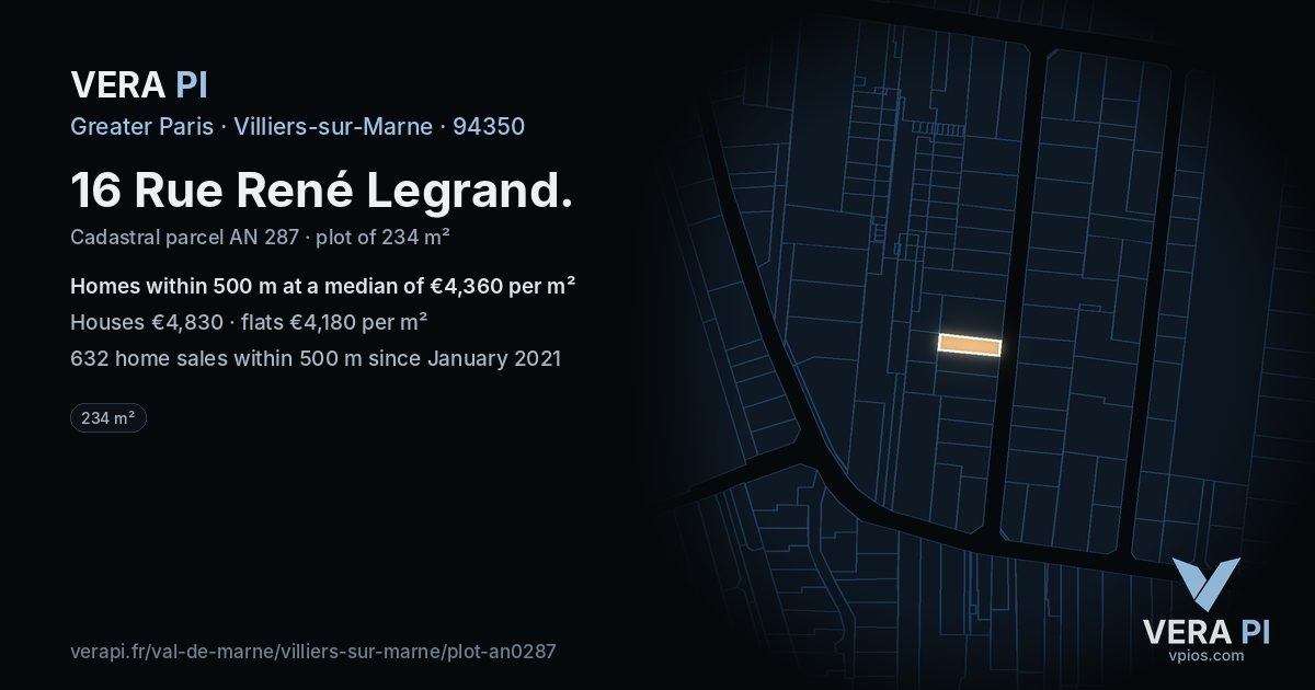 16 Rue René Legrand, Villiers-sur-Marne at night – the plot lit, the parcels around coloured by the prices near them