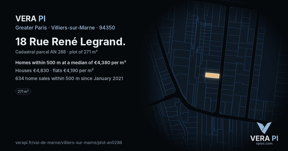 18 Rue René Legrand, Villiers-sur-Marne at night – the plot lit, the parcels around coloured by the prices near them