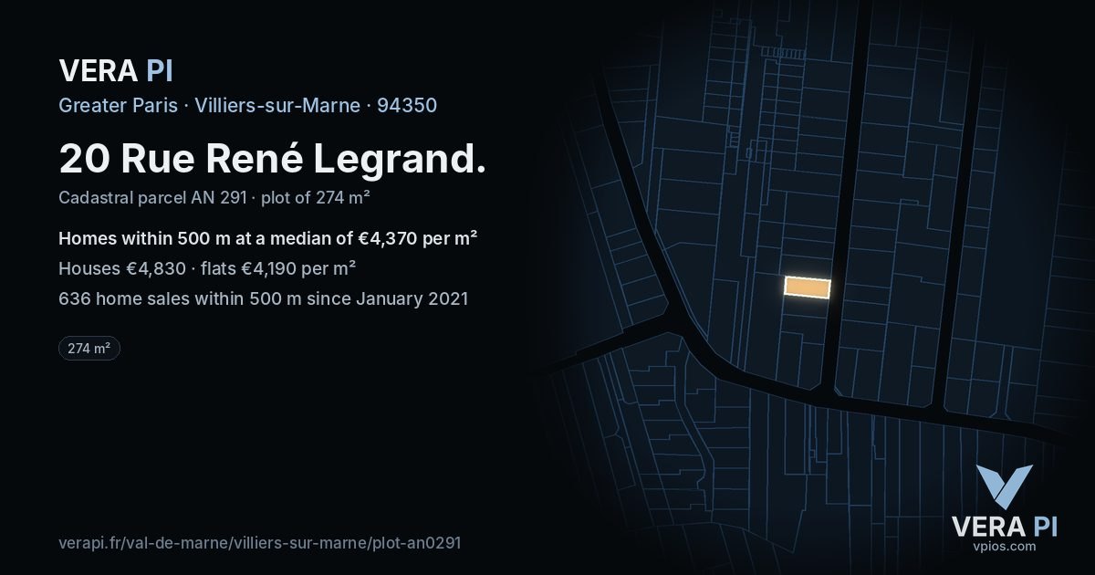 20 Rue René Legrand, Villiers-sur-Marne at night – the plot lit, the parcels around coloured by the prices near them