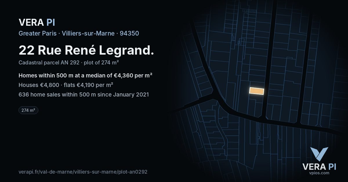 22 Rue René Legrand, Villiers-sur-Marne at night – the plot lit, the parcels around coloured by the prices near them