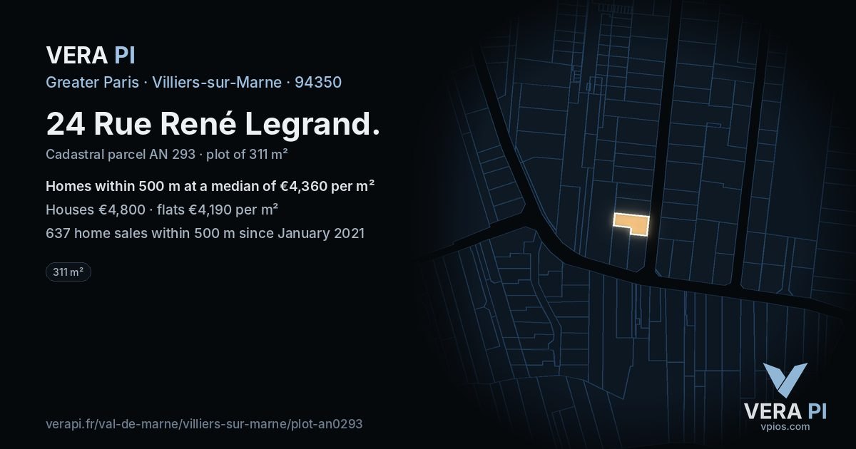 24 Rue René Legrand, Villiers-sur-Marne at night – the plot lit, the parcels around coloured by the prices near them