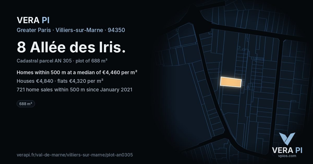 8 Allée des Iris, Villiers-sur-Marne at night – the plot lit, the parcels around coloured by the prices near them