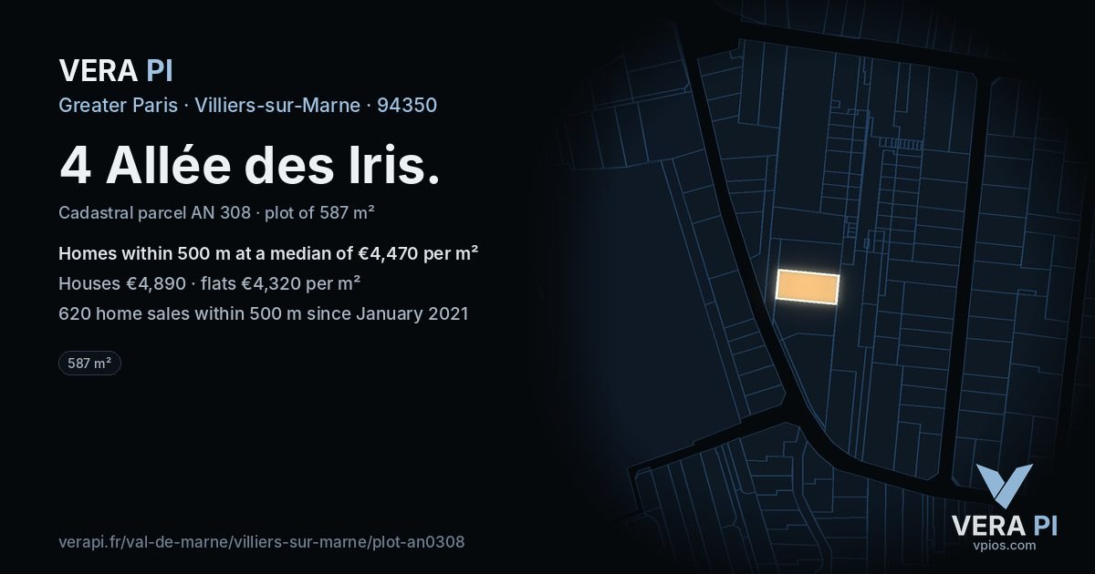 4 Allée des Iris, Villiers-sur-Marne at night – the plot lit, the parcels around coloured by the prices near them